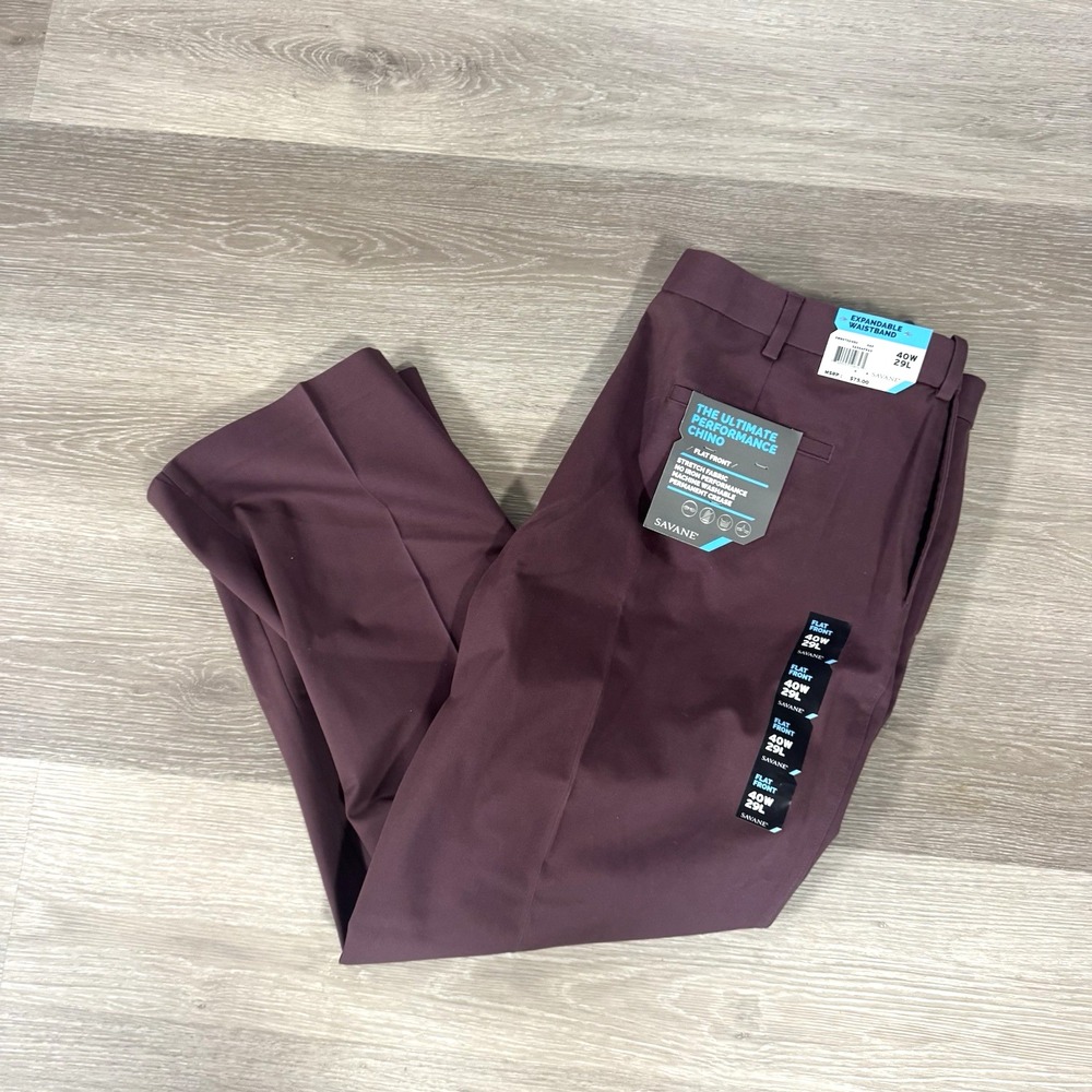 NWT Savane Plum‎ Ultimate Performance Flat Front Chino Dress Pants Flat 40x29